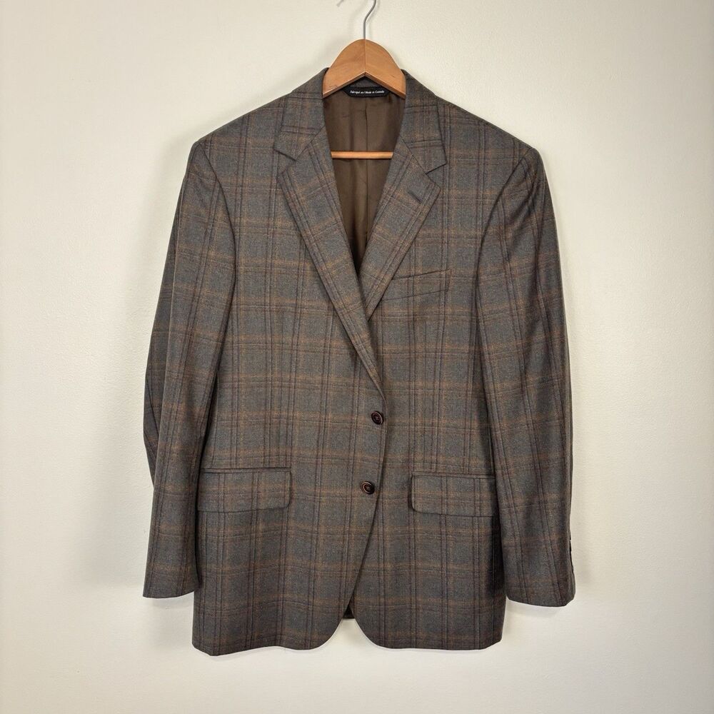 Coppley Reda Super 130s Wool Plaid Blazer Sport Coat 44R Made in Canada Brown